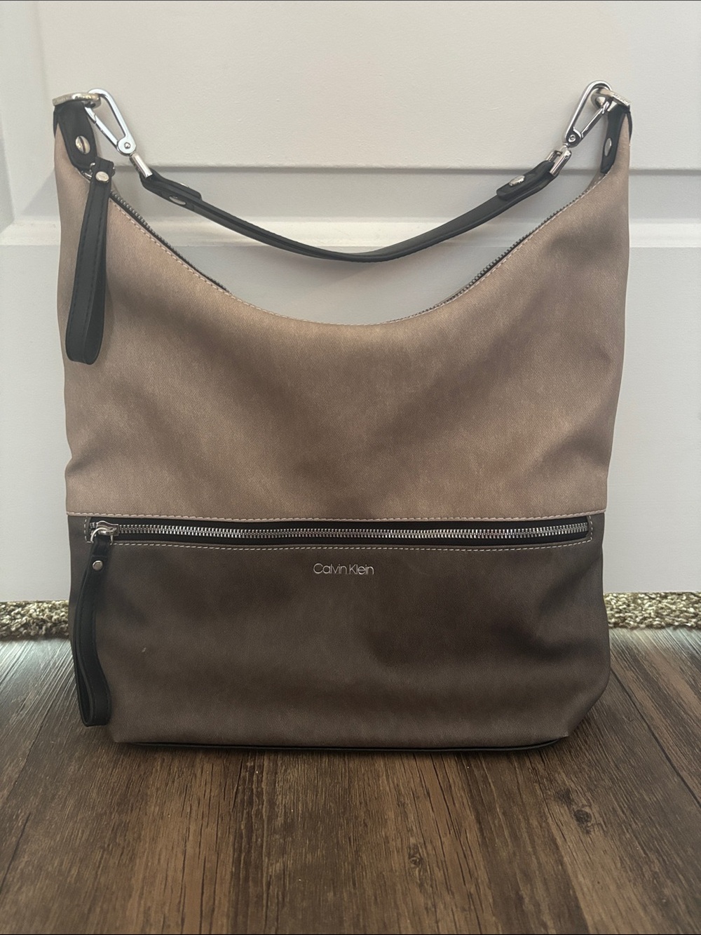 Calvin Klein Elaine Hobo Shoulder Bag Taupe Gray Two Tone Faux Leather